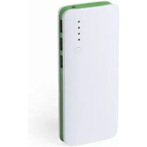 A power bank in white with green accents, featuring multiple charging ports and indicator lights. It also has a logo.