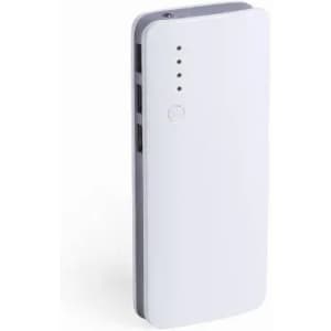 A power bank in sleek white design, featuring indicator lights and multiple USB ports.