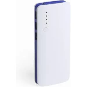 A portable power bank, featuring a sleek white exterior with a blue accent and multiple LED indicator lights.