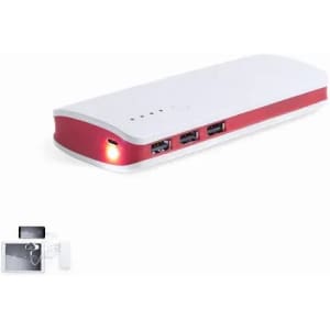 A power bank in white and red, featuring multiple USB ports and a small LED light.