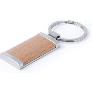 A keyring featuring a rectangular wooden body with a silver metal frame and keychain loop.