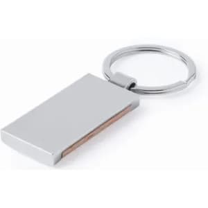 A silver keychain with a rectangular design and a metal ring for attachment.