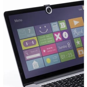A laptop screen displaying a colourful interface with various app icons and a camera at the top.