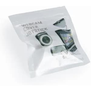 A packaging for a webcam cover joystick, featuring a simple design with a logo. The cover is grey and black.