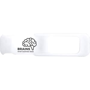 A drink bottle in white, featuring a logo and a transparent section for visibility.