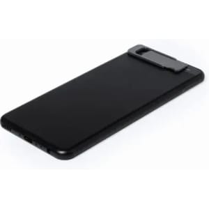 A black phone case with a clip attachment, featuring a smooth finish and no visible branding.