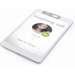 A tablet displaying an incoming video call, featuring a circular profile image and a green button to accept.