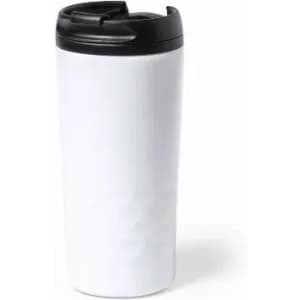 A drink bottle with a black lid and a sleek white body, featuring a simple design and a logo.