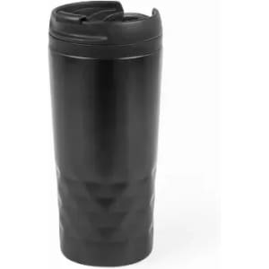 A drink bottle in a sleek black design with a textured surface and a spill-resistant lid.