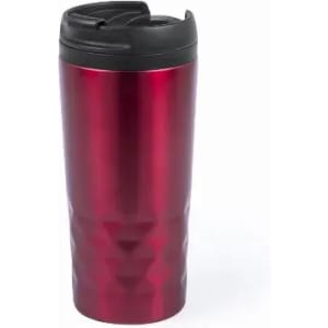 A drink bottle in reflective red metal with a black lid and a textured design. It features a logo on the front.