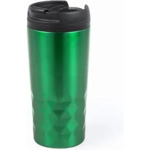 A green insulated drink bottle with a black lid and a textured pattern on the surface.