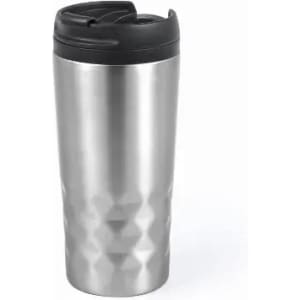 A drink bottle in stainless steel with a textured surface and a black lid. It features a logo on the front.