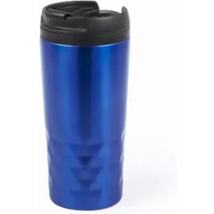 A drink bottle in a shiny blue finish with a black lid and a textured design on the lower half.