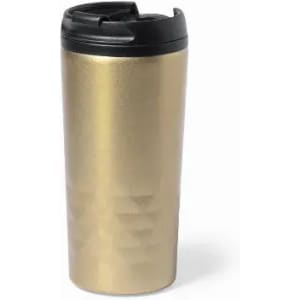 A drink bottle in a metallic gold finish with a black lid and a textured surface.