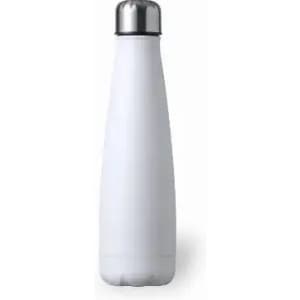 A drink bottle in white with a silver cap and a sleek, curved design. It features a logo on the surface.