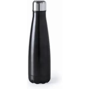 A drink bottle in sleek black with a metallic silver lid and a streamlined design. It features a logo.