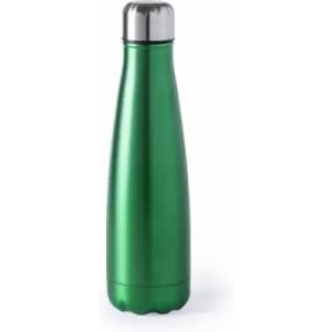 A green stainless steel drink bottle with a silver cap and a sleek, tapered design.