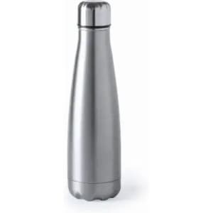 A drink bottle in a sleek, stainless steel finish with a rounded design and a screw-on lid. It features a logo.