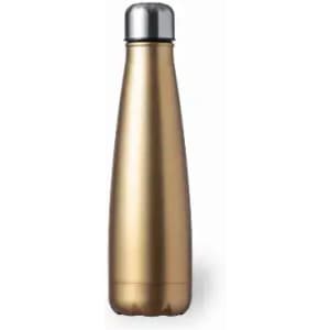 A drink bottle in a sleek gold finish with a stainless steel cap and a modern shape. It features a logo.