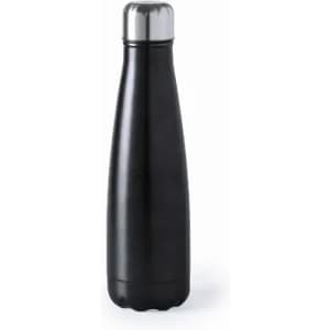 A drink bottle in sleek black with a silver cap and a curved, modern design, featuring a logo.