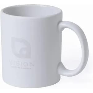 A white mug with a handle, featuring a logo on the front. Plain and unadorned design.