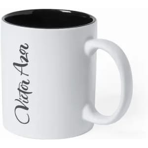 A drink mug with a white exterior and black interior, featuring a stylish logo or branding.