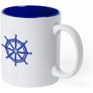 A coffee mug in white with a blue interior and a blue ship's wheel design on the side.