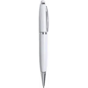 A white pen with chrome accents, featuring a sleek, polished design and a clip.