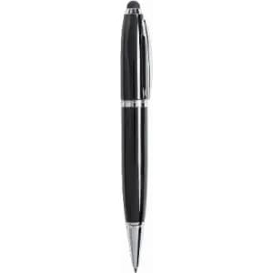 A black pen with a silver band and a stylus tip, featuring a sleek design and a branded logo.