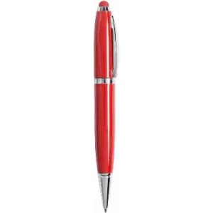 A red pen with silver accents, featuring a shiny finish and a click mechanism. It has a logo on the barrel.