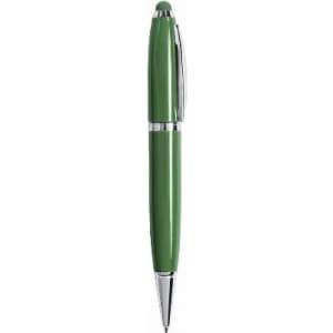 A green pen with a sleek design and chrome accents, featuring a logo on its body.