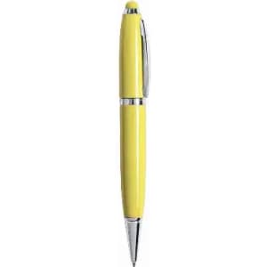 A yellow pen with a chrome clip and tip, featuring a smooth, glossy finish.
