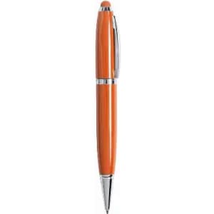 An orange pen with a shiny finish and silver accents, featuring a logo on its body.
