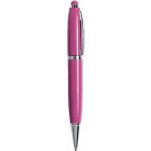 A pink pen with a chrome accent and a sleek design, featuring a clip and a smooth writing tip.