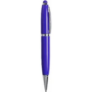 A blue pen with a shiny chrome trim and a rounded top, featuring a clip for attachment.