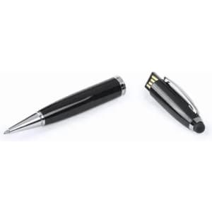 A black pen with a metallic finish, featuring a hidden USB drive in the cap.