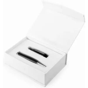 A gift box containing a sleek black pen and a matching pen holder, packed in white packaging.