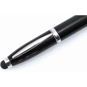 A black pen with a sleek design and a silver accent, featuring a touchscreen stylus tip.