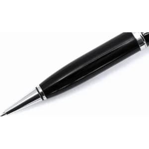 A black pen with a sleek design and silver accents, featuring a pointed tip for writing.