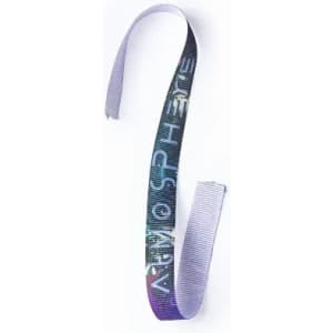 A ribbon in shades of purple and blue with a textured surface and a logo.