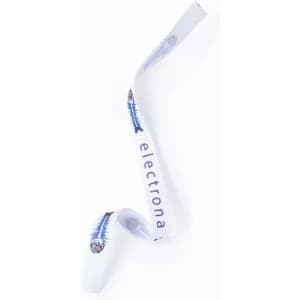 A ribbon with a printed pattern, featuring blue and white colours. It has branding elements but no discernible text.