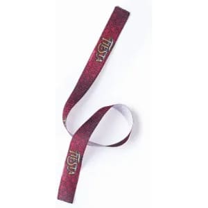 A patterned ribbon in burgundy and grey featuring a logo, coiled for display.
