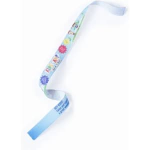 A blue promotional ribbon with colourful graphics and text, featuring a decorative pattern along its length.