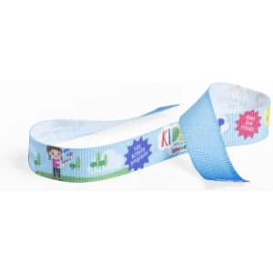 A ribbon featuring colourful designs and characters, predominantly in blue and white, with playful illustrations.