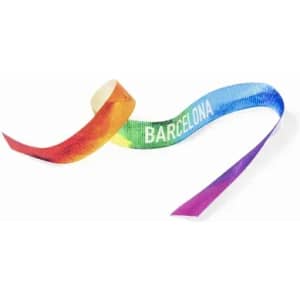A decorative ribbon featuring vibrant rainbow colours with the word "BARCELONA" printed on it.