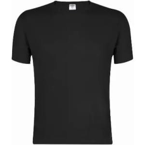 A black T-shirt with a classic round neckline and short sleeves. The garment features a simple design without additional details.