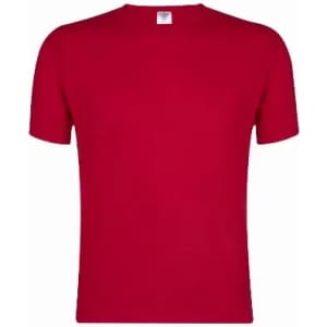 A red t-shirt with a classic round neckline and short sleeves. It has a label at the neck and no other designs.