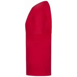 A red t-shirt with short sleeves displayed from the side, featuring a smooth texture and fitted silhouette.