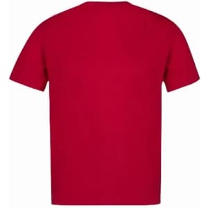 A red t-shirt displayed from the back, featuring a simple design and a crew neckline.