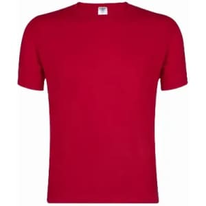A red short-sleeved t-shirt with a round neckline, featuring a tag inside the collar.